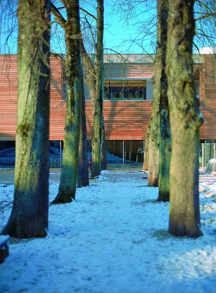 Blick durch den Baumbestand auf das Gebäude mit der Holzfassade