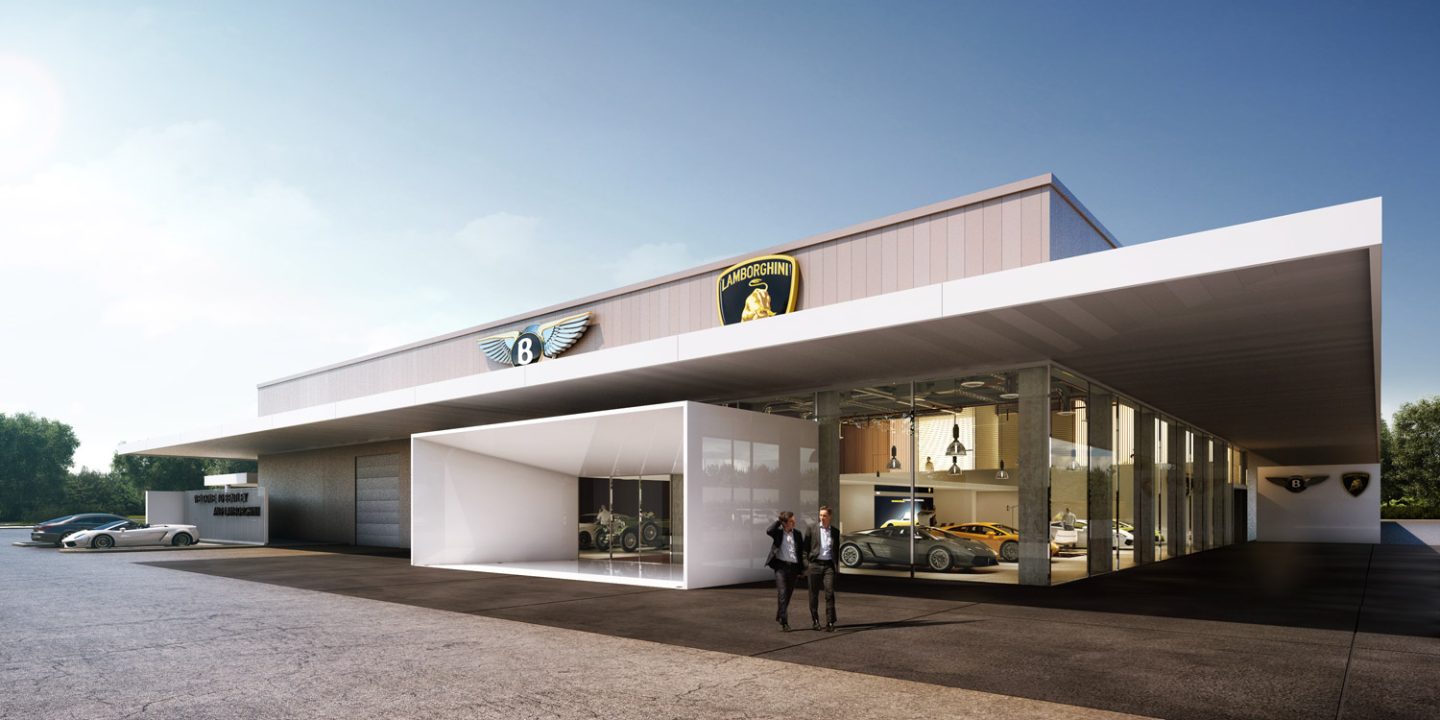 Ein weiteres Rendering des Showrooms von Bentley & Lamborghini