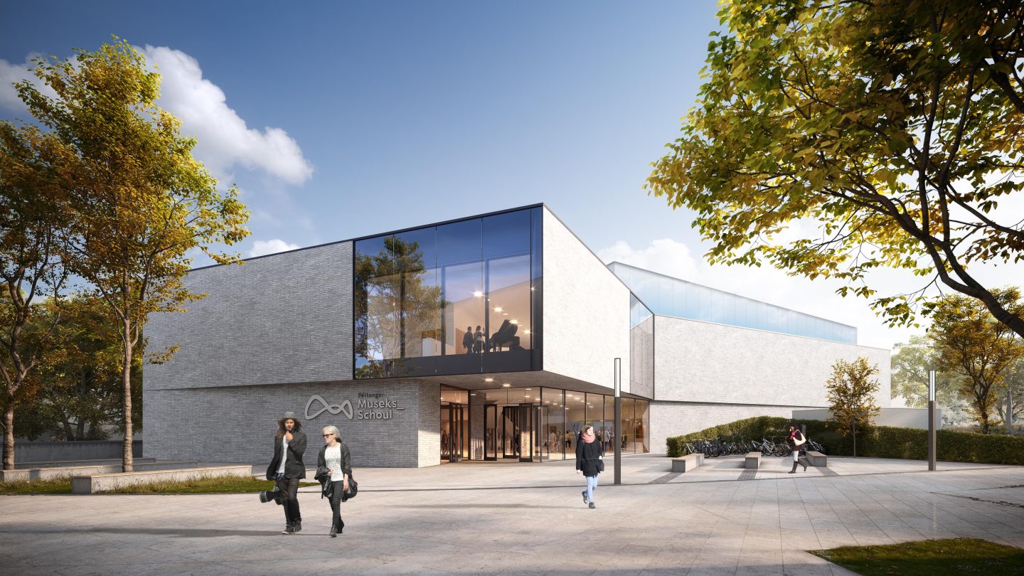 Dieses Rendering zeigt eine Ansicht der neuen Musikschule in Petange