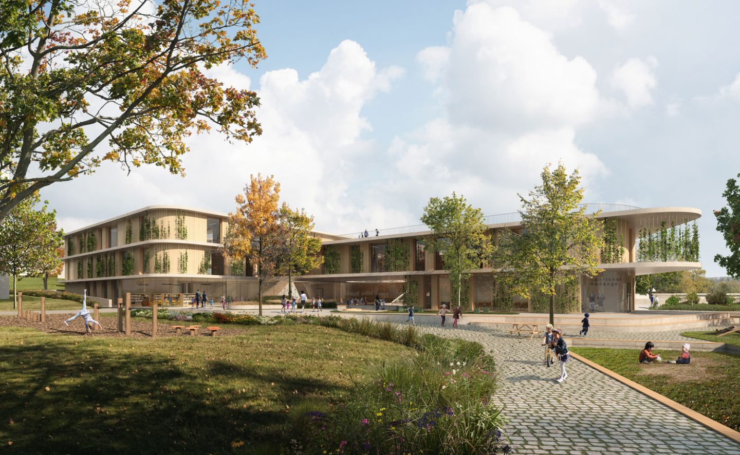 Dieses Rendering zeigt eine Außenansicht des Bildungscampus für Rodange